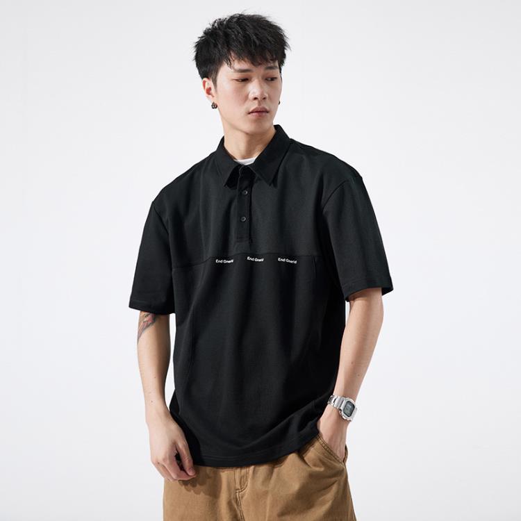 短袖T恤 美式潮牌男士POLO衫痞帥ins拼接上衣寬松大碼夏季新款翻領-細節圖2