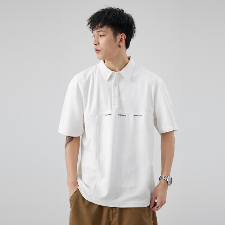 短袖T恤 美式潮牌男士POLO衫痞帥ins拼接上衣寬松大碼夏季新款翻領-細節圖3