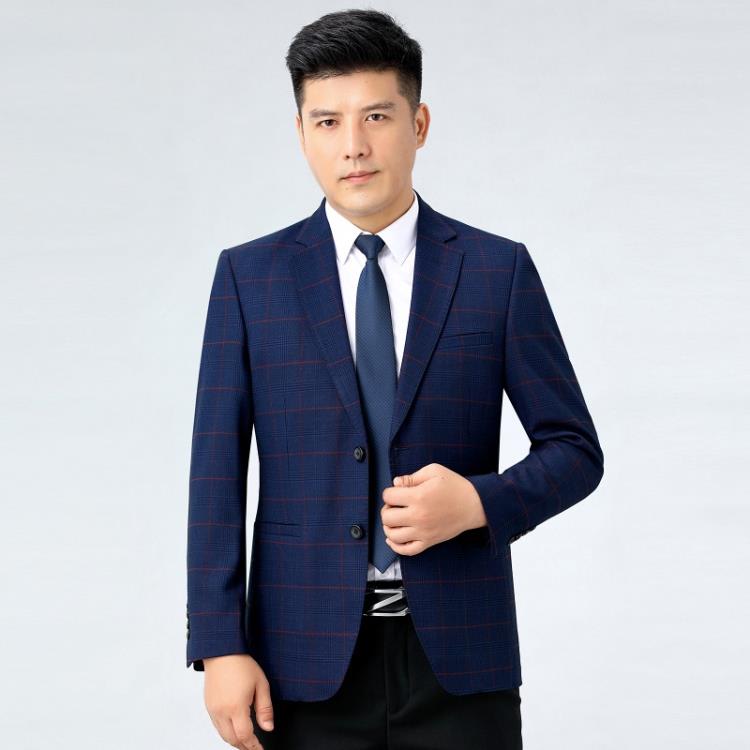 新品西服男士春秋季中年格子外套商務休閒西裝免燙修身上衣服免運-細節圖2