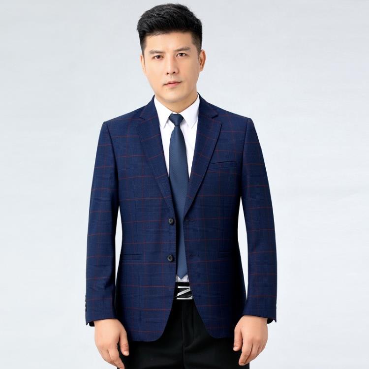 新品西服男士春秋季中年格子外套商務休閒西裝免燙修身上衣服免運-細節圖3