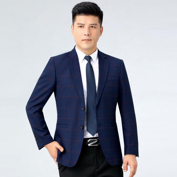 新品西服男士春秋季中年格子外套商務休閒西裝免燙修身上衣服免運-細節圖4