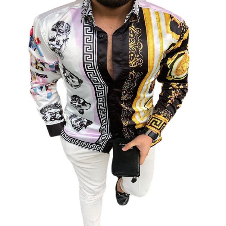 襯衫 現貨歐美2023秋季新款男裝開衫印花長袖修身男士-細節圖5