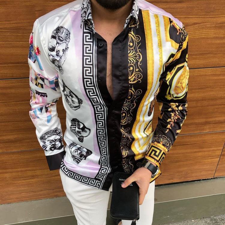 襯衫 現貨歐美2023秋季新款男裝開衫印花長袖修身男士-細節圖6
