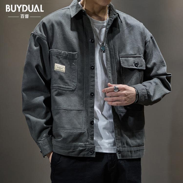 襯衫 春季阿美咔嘰夾克男潮牌寬松大碼日系休閒美式工裝外套春秋潮-細節圖3