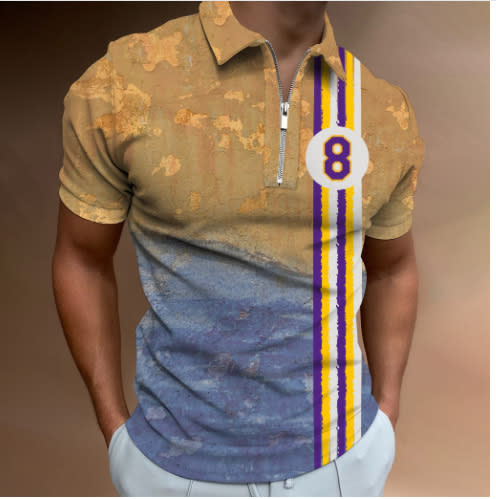 polo衫 廠家貨源3D數碼印花休閒男士高爾夫條紋青年休閒拉鍊Polo衫-細節圖9