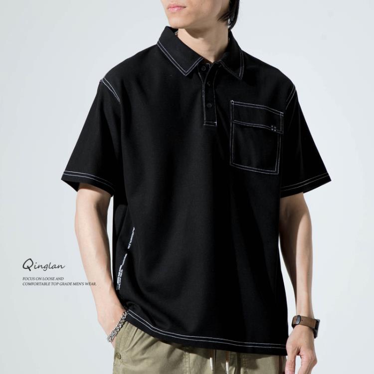 短袖polo衫 高級感男潮牌設計感小眾日系寬松加肥加大碼夏季保羅衫-細節圖3
