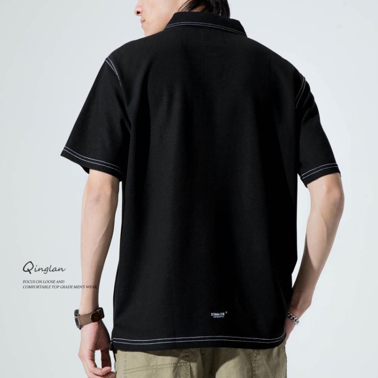 短袖polo衫 高級感男潮牌設計感小眾日系寬松加肥加大碼夏季保羅衫-細節圖4