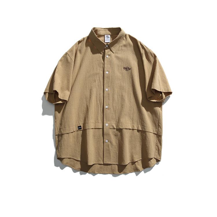 北界男裝 美式潮牌2023夏季新款短袖襯衫男潮流刺繡寬松休閒襯衣-細節圖2