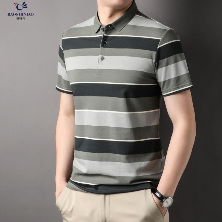 短袖T恤 男裝夏季POLO衫男2023新款正韓時尚休閒色織條紋翻領t恤男-細節圖4