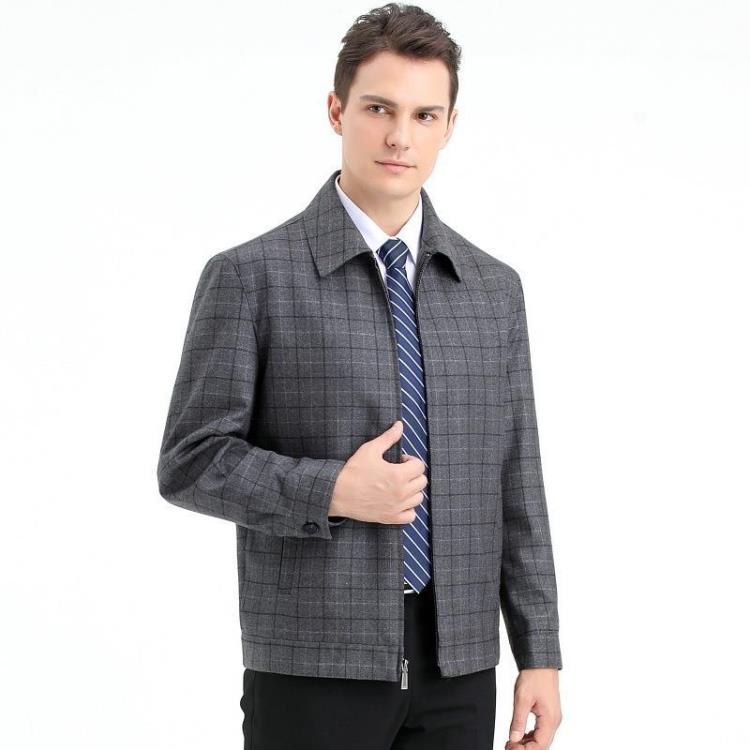 品牌男裝夾克男中年商務休閒翻領外套爸爸春秋羊毛茄克外穿上衣服-細節圖2