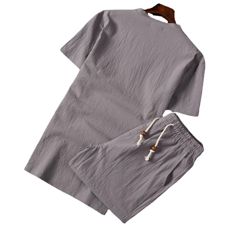 風棉麻二粒扣套裝2023夏季純色簡約男式大碼寬松短袖短褲套裝-細節圖5