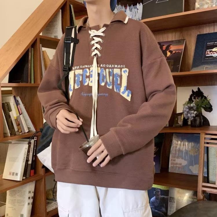 衛衣男國潮復古植絨字母Polo秋季小眾潮流百搭設計感長袖上衣服-細節圖2