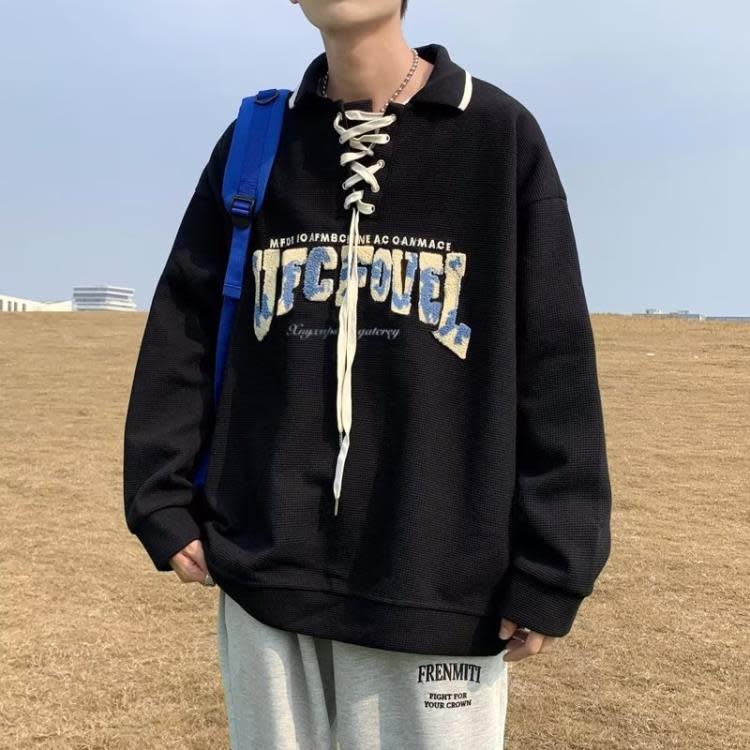 衛衣男國潮復古植絨字母Polo秋季小眾潮流百搭設計感長袖上衣服-細節圖4