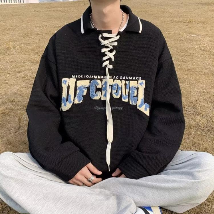 衛衣男國潮復古植絨字母Polo秋季小眾潮流百搭設計感長袖上衣服-細節圖6