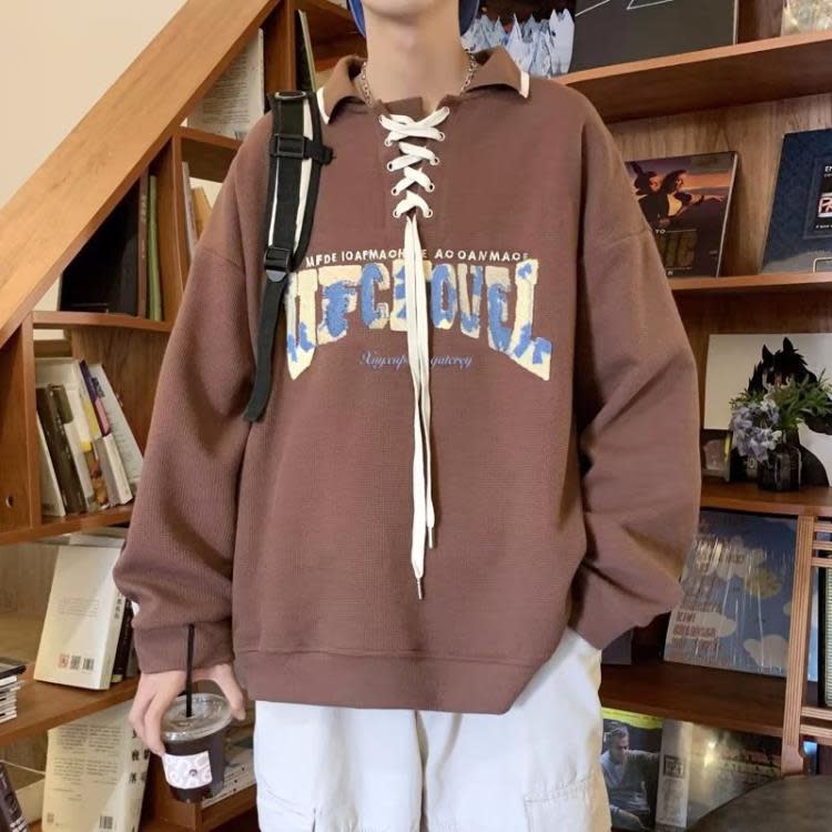 衛衣男國潮復古植絨字母Polo秋季小眾潮流百搭設計感長袖上衣服-細節圖7