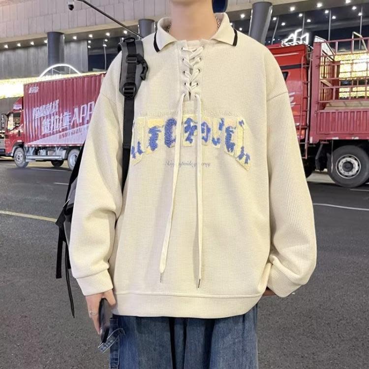 衛衣男國潮復古植絨字母Polo秋季小眾潮流百搭設計感長袖上衣服-細節圖8