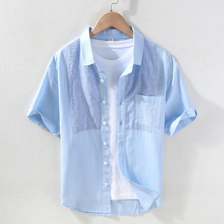 襯衫 夏季男士亞麻短袖薄款條紋拼接休閒方領青年撞色棉麻襯衣929-細節圖2