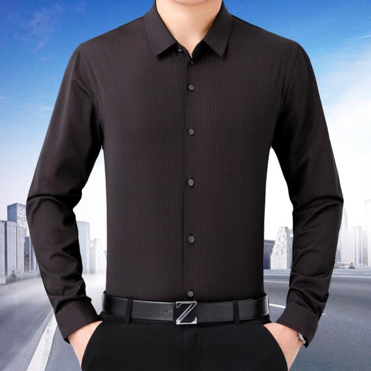 品牌秋季新款襯衫男中年男士商務休閒時尚免燙長袖條紋桑蠶絲襯衫-細節圖2