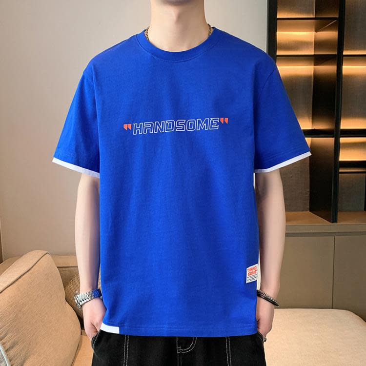 短袖T恤 五分袖t恤男生2023夏季圓領大碼體恤吸汗半袖潮牌純棉男士-細節圖4