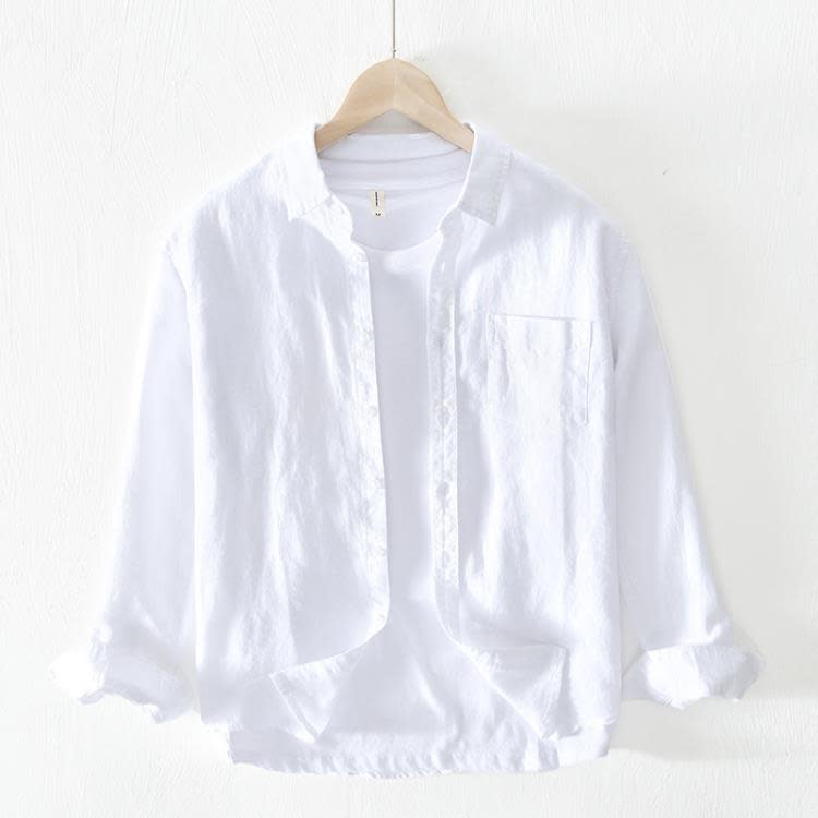 723 729日系簡約型純色寸衣男士休閒棉麻寬松長袖襯衫男 一件代髮-細節圖3