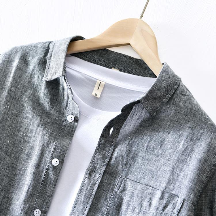 723 729日系簡約型純色寸衣男士休閒棉麻寬松長袖襯衫男 一件代髮-細節圖4