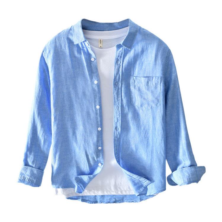 723 729日系簡約型純色寸衣男士休閒棉麻寬松長袖襯衫男 一件代髮-細節圖5