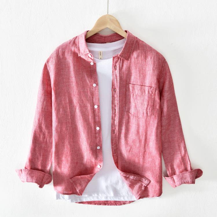 723 729日系簡約型純色寸衣男士休閒棉麻寬松長袖襯衫男 一件代髮-細節圖9