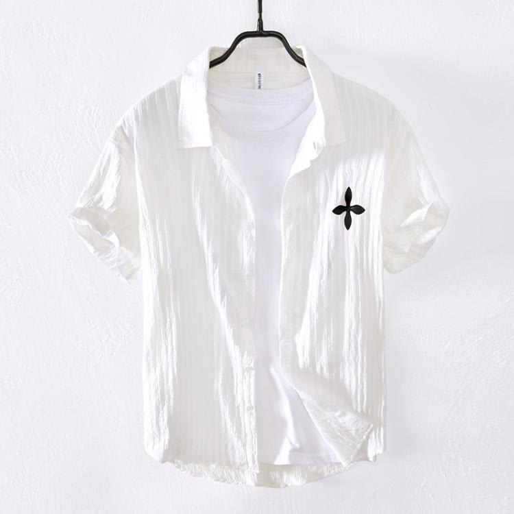 L943夏季男士防曬外穿襯衫百搭潮流時尚外套上衣寬松純色刺繡薄款-細節圖5