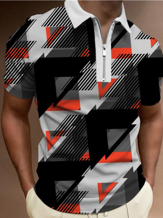 短袖polo衫 新款eBay3D幾何數碼印花男式POLO拉鍊衫-細節圖2