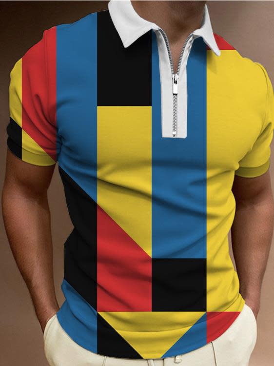 短袖polo衫 新款eBay3D幾何數碼印花男式POLO拉鍊衫-細節圖4