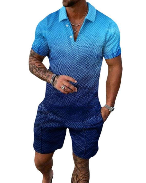 polo衫 3D印花Polo衫短褲時尚紐扣套裝男士休閒-細節圖5