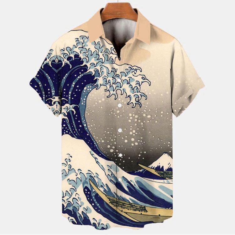 襯衫 復古海浪3D印花男士短袖夏威夷休閒時尚男士-細節圖4