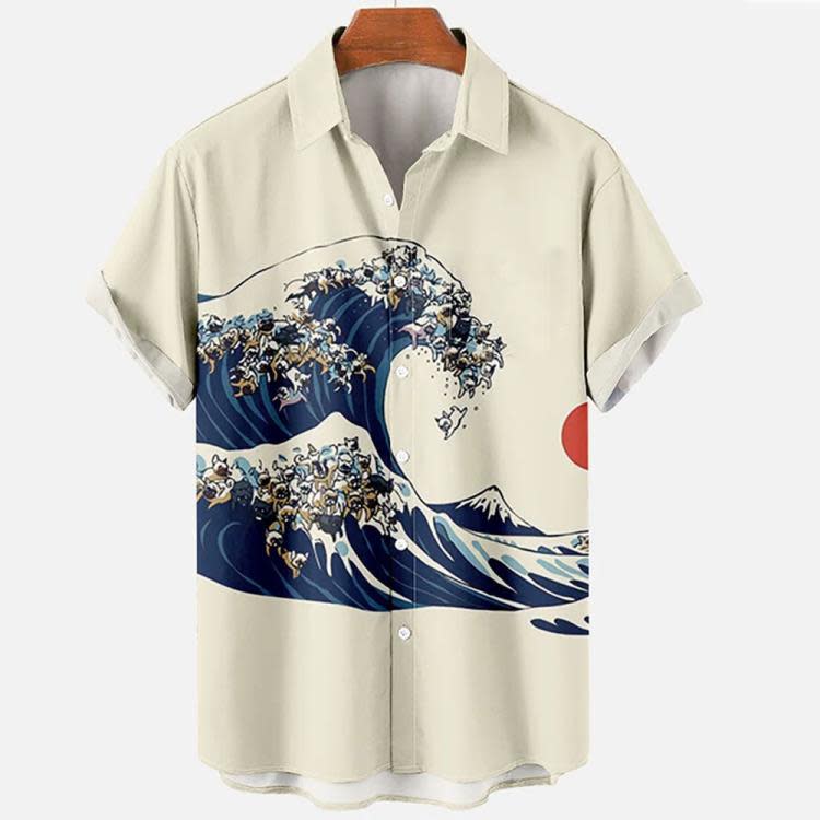 襯衫 復古海浪3D印花男士短袖夏威夷休閒時尚男士-細節圖5