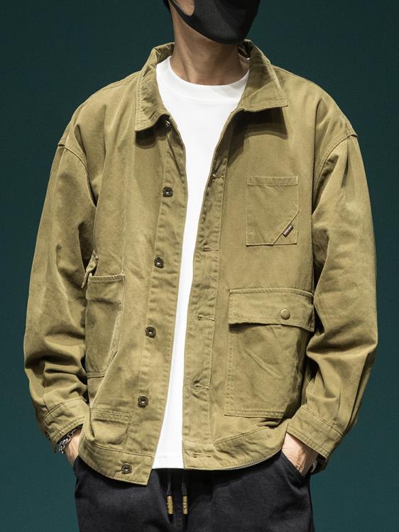 夾克 美式重磅復古工裝男士寬松大碼春秋棉質做舊水洗翻領休閒外套-細節圖3