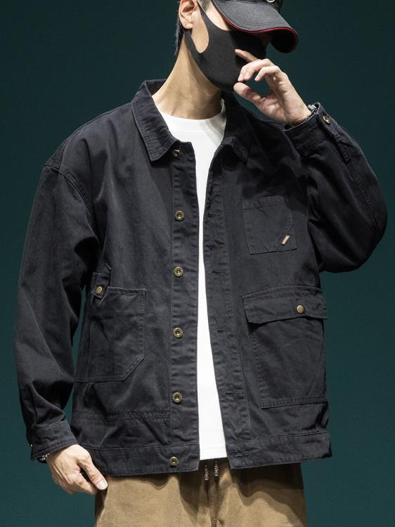 夾克 美式重磅復古工裝男士寬松大碼春秋棉質做舊水洗翻領休閒外套-細節圖4