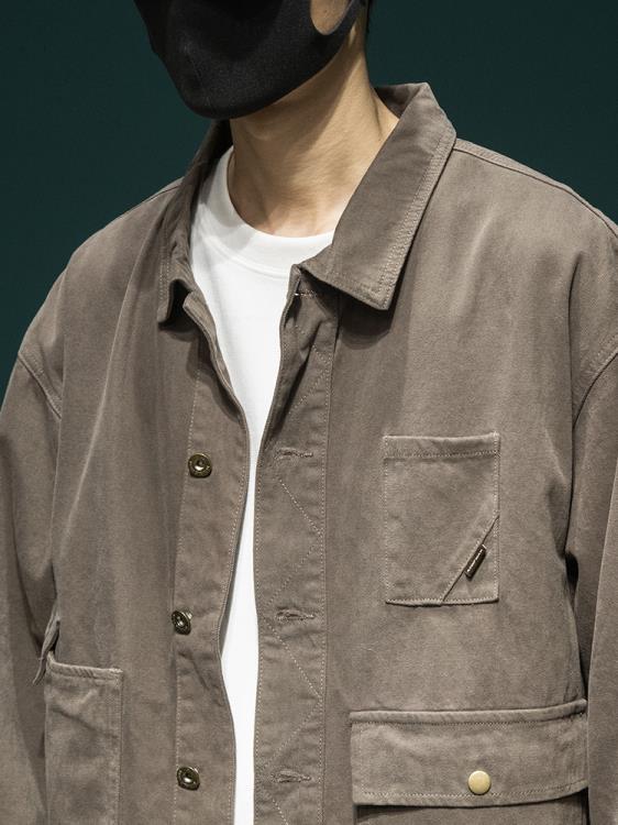 夾克 美式重磅復古工裝男士寬松大碼春秋棉質做舊水洗翻領休閒外套-細節圖5