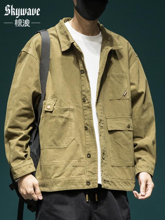 夾克 美式重磅復古工裝男士寬松大碼春秋棉質做舊水洗翻領休閒外套-細節圖6