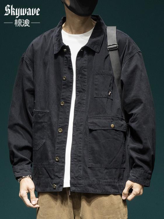 夾克 美式重磅復古工裝男士寬松大碼春秋棉質做舊水洗翻領休閒外套-細節圖7