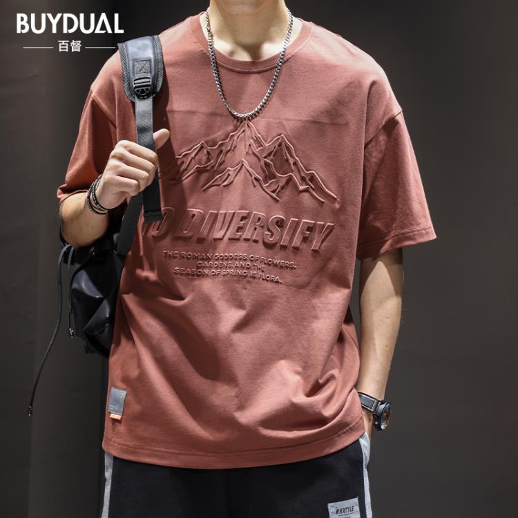 短袖T恤 夏季壓花男潮牌美式寬松大碼棉質上衣潮流ins印花半袖體恤-細節圖2