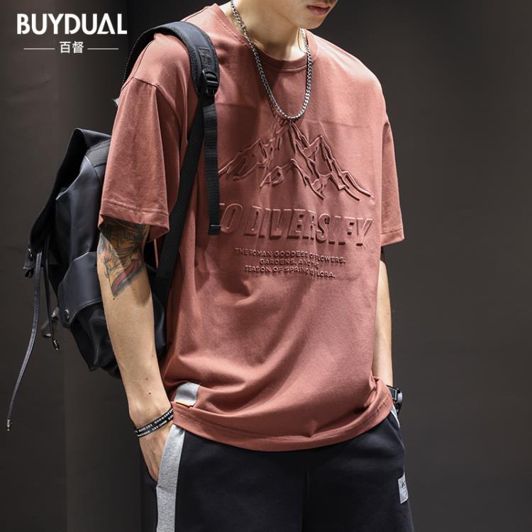 短袖T恤 夏季壓花男潮牌美式寬松大碼棉質上衣潮流ins印花半袖體恤-細節圖3