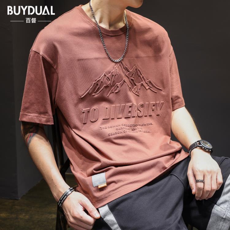 短袖T恤 夏季壓花男潮牌美式寬松大碼棉質上衣潮流ins印花半袖體恤-細節圖5