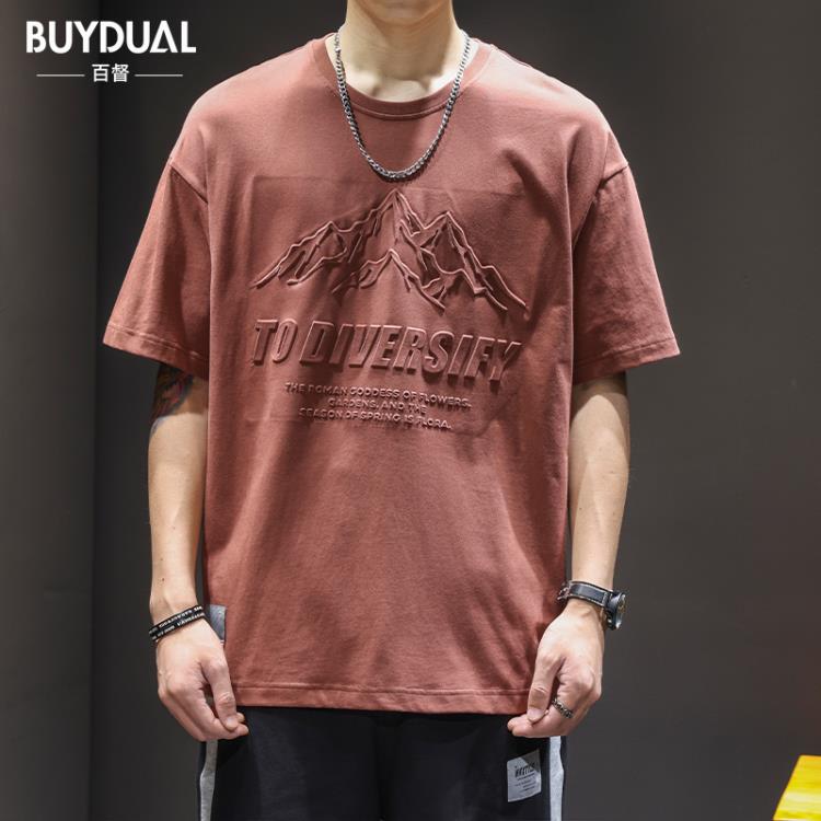 短袖T恤 夏季壓花男潮牌美式寬松大碼棉質上衣潮流ins印花半袖體恤-細節圖6