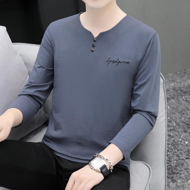 新款長袖男士T恤棉質打底衫休閒彈力修身內搭男式T恤上衣服飾批髮-細節圖6