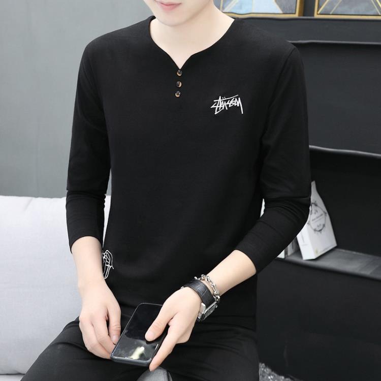 新款長袖男士T恤棉質打底衫休閒彈力修身內搭男式T恤上衣服飾批髮-細節圖7