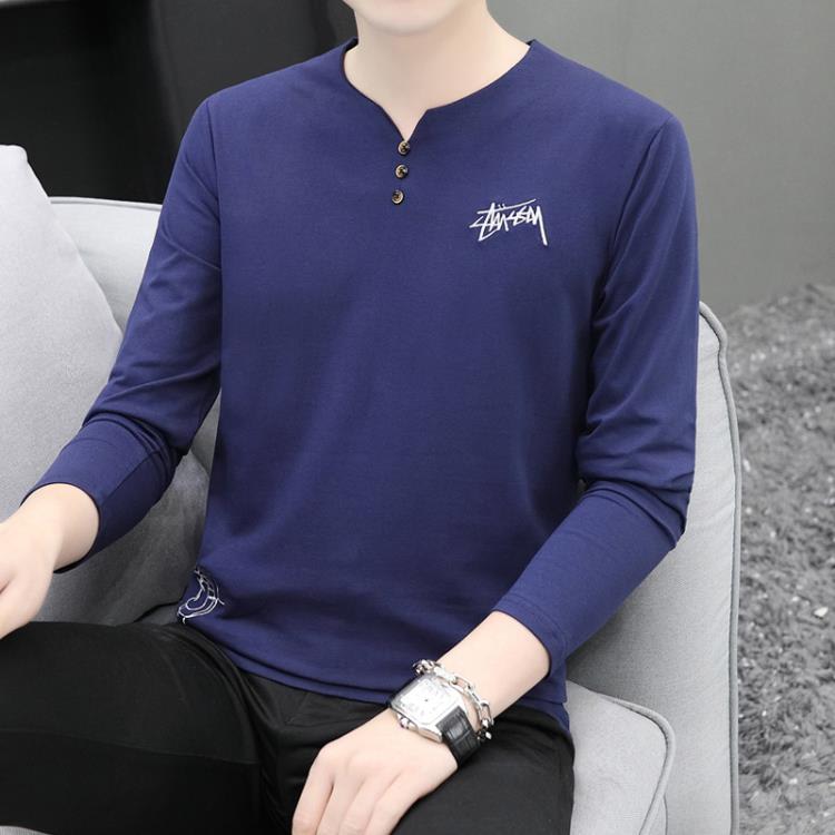 新款長袖男士T恤棉質打底衫休閒彈力修身內搭男式T恤上衣服飾批髮-細節圖8