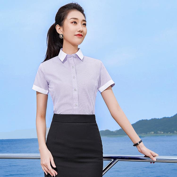 藍白細條紋襯衫女短袖銀行教師工作服夏季職業正裝藍色豎條紋襯衣-細節圖4
