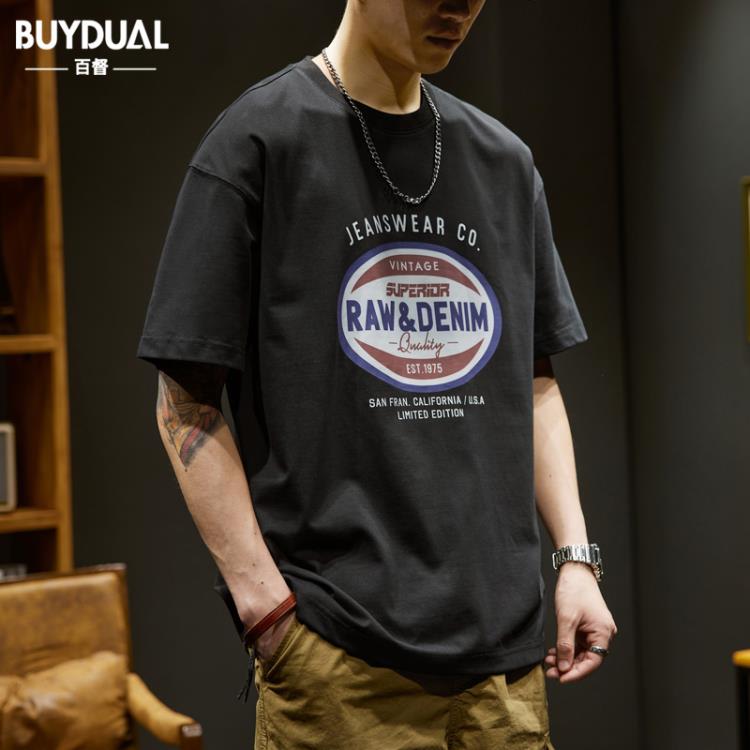 短袖T恤 260g重磅t恤男圓領夏季寬松印花上衣服男士潮流美式半袖體恤-細節圖2