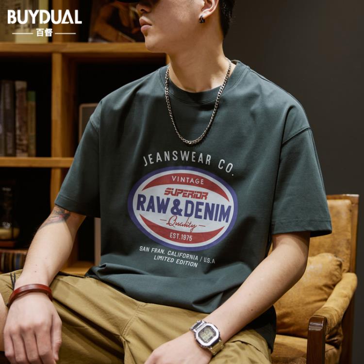 短袖T恤 260g重磅t恤男圓領夏季寬松印花上衣服男士潮流美式半袖體恤-細節圖5