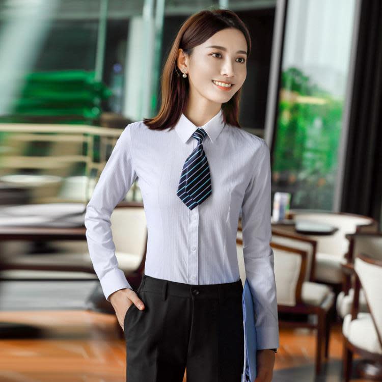 商務暗條紋女長袖襯衫套裝公司工裝男女職業4S店售樓部工作服刺繡-細節圖3