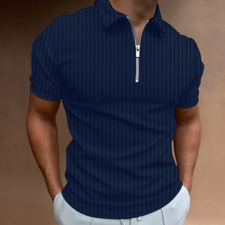 歐美2023夏季男裝T恤條紋拉鍊短袖男式彈性POLO衫上衣純色-細節圖3
